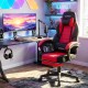 Ergonomic video game chair in red with reclining backrest and adjustable armrests, perfect for gaming or working.