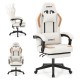 Beige ergonomic video game chair showcasing a side view with a retractable footrest and adjustable padded armrests for.