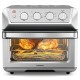 21.5 QT air fryer toaster oven with stainless steel finish, cooking fries and bread, featuring easy control knobs.