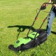 Electric push lawn mower with a green and black design, featuring a grass bag and adjustable height settings for easy.