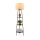 Standing shelf floor lamp with linen lampshade and three open storage shelves, ideal for modern living spaces.