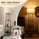 Standing shelf floor lamp with linen lampshade and three open storage shelves for modern living room or bedroom use.