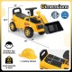 Yellow excavator digger toy with adjustable bucket, steering wheel, and supportive backrest for indoor and outdoor play.