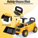 Yellow excavator digger toy featuring an adjustable bucket, supportive backrest, and anti-tipping block for safe play.