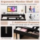 Extendable black computer desk with 2 storage drawers, ergonomic monitor shelf, and lockable wheels for versatile use.