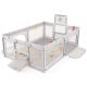 Extra large light gray playpen with basketball hoop, mesh sides, and 50 ocean balls for safe toddler play.