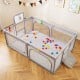 Extra large light gray playpen with basketball hoop, mesh sides, and 50 ocean balls for safe baby playtime.