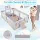 Extra large light gray playpen with basketball hoop, mesh sides, and padded floor mat for babies and toddlers.
