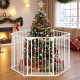 Extra wide 6-panel baby gate in white, adjustable from 34.5-154", used as a safety fence around a Christmas tree.