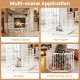 6-panel adjustable baby gate in white, expands 34.5-154", used as a playpen, pet gate, or fireplace barrier.