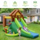 Kids inflatable jungle bounce house with slide and climbing wall, made of durable PVC fabric, for outdoor fun.