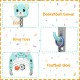 Adjustable kids' 3-in-1 basketball hoop set with animal-shaped backboard for basketball, football, and ring toss games.