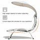 Curved chaise lounge chair with beige canopy, durable steel frame, and soft cushion for backyard relaxation.