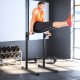 Multifunctional dip stand with foam handles, designed for leg raises and dips, featuring a stable metal frame in a home.