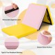 Tri-fold gym mat in yellow with removable zippered cover, waterproof PU leather, ideal for yoga and martial arts.