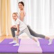Tri-fold gym mat in pink and purple, featuring handles, ideal for yoga and stretching, shown with a woman and child.