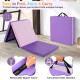 Tri-fold gym mat in pink and purple with removable zippered cover and side handles, ideal for yoga and martial arts.