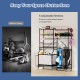 Sports equipment organizer with 5 adjustable shelves, metal frame, and side hooks for garage storage solutions.