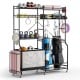Sports equipment organizer with adjustable shelves, hooks, and a sturdy metal frame for garage or gym storage.