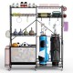 Sports equipment organizer with adjustable shelves, golf bag rack, and hooks for efficient garage storage solutions.