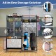 Sports equipment organizer with adjustable shelves, golf bag rack, and hooks for efficient garage storage.