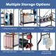 Golf bag storage rack with adjustable shelves and removable hooks for organizing sports equipment in the garage.