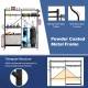 Sports equipment organizer with a powder-coated metal frame, featuring adjustable shelves and reinforced triangular.