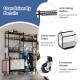 Sports equipment organizer with adjustable shelves, anti-falling baffles, and 6 lockable wheels for garage storage.