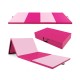 Hot pink 4-panel folding exercise mat with carrying handles, made of PU leather and high-density EPE foam for joint.
