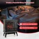 1400W electric stove heater in black with 3-level flame effect, 3-sided view, perfect for cozy bedroom warmth.