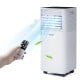 Portable 10000 BTU air cooler with remote, featuring cooling, fan, and dehumidifier modes for efficient home use.