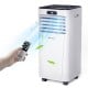 Portable 10000 BTU air conditioner in white with remote control, ideal for cooling and dehumidifying small spaces.
