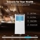 Portable 10000 BTU air conditioner in white with remote control, ideal for bedrooms and small spaces, featuring sleep.