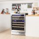 Dual zone wine cooler for 51 bottles with a stainless steel frame and blue LED lights, ideal for kitchen storage.