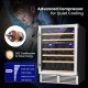 Dual zone wine cooler for 51 bottles with reversible door, featuring quiet compressor and blue LED lights for display.