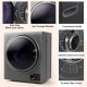 Compact 1.5 cu. ft. gray clothes dryer with stainless steel drum, see-through window, and convenient handle for easy.