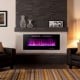 42-inch ultra-thin electric fireplace with decorative crystals, showcasing vibrant flame colors, for stylish indoor.