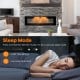 60-inch ultra-thin electric fireplace with decorative crystals, featuring sleep mode and customizable flame settings.