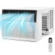 12000 BTU window air conditioner with remote control, featuring multiple modes and a sleek design for efficient cooling.