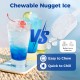 Countertop Nugget Ice Maker with ice scoop, producing chewable ice quickly, featuring a transparent window and safety.