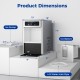 Countertop nugget ice maker with dimensions, ice scoop, and water inlet pipe for efficient ice production.