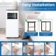 Portable air conditioner installation guide showing window kit compatibility for vertical and horizontal sliding.