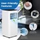 Portable air conditioner with remote control, 8000 BTU, featuring carry handles and universal wheels for easy mobility.