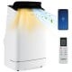 15000 BTU portable air conditioner in white with remote control, showcasing cooling and heating functions for versatile.