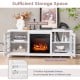 58-inch white fireplace TV stand with adjustable shelves, spacious tabletop, and two cabinets for ample storage.