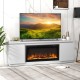 Fireplace TV stand in white for TVs up to 80 inches, featuring adjustable shelves and a cozy electric fireplace.