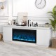 Fireplace TV stand in white for TVs up to 80 inches, featuring adjustable shelves and dual side cabinets for storage.