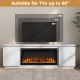 Fireplace TV stand in white showcasing dimensions for TVs up to 80 inches, highlighting adjustable shelves and storage.