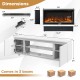 Fireplace TV stand in white with dimensions, featuring adjustable shelves and dual cabinets for TVs up to 80 inches.
