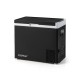 Portable 53QT dual zone car refrigerator in black, featuring independent temp control and side handles for easy.